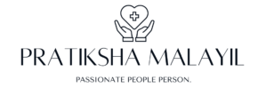 The image displays a minimalist logo design. The logo features two hands cupped together, gently holding a heart with a medical cross in the center, symbolizing care or medical assistance. Above the logo, the name "PRATIKSHA MALAYIL" is written in capital letters, and below the logo, there's a tagline that reads "PASSIONATE PEOPLE PERSON." The font choice is elegant and simple, which complements the clean design of the logo.