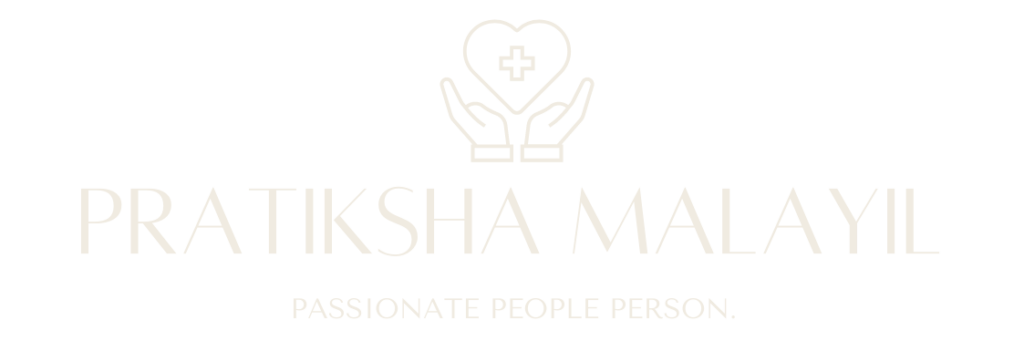 The image displays a minimalist logo design. The logo features two hands cupped together, gently holding a heart with a medical cross in the center, symbolizing care or medical assistance. Above the logo, the name "PRATIKSHA MALAYIL" is written in capital letters, and below the logo, there's a tagline that reads "PASSIONATE PEOPLE PERSON." The font choice is elegant and simple.